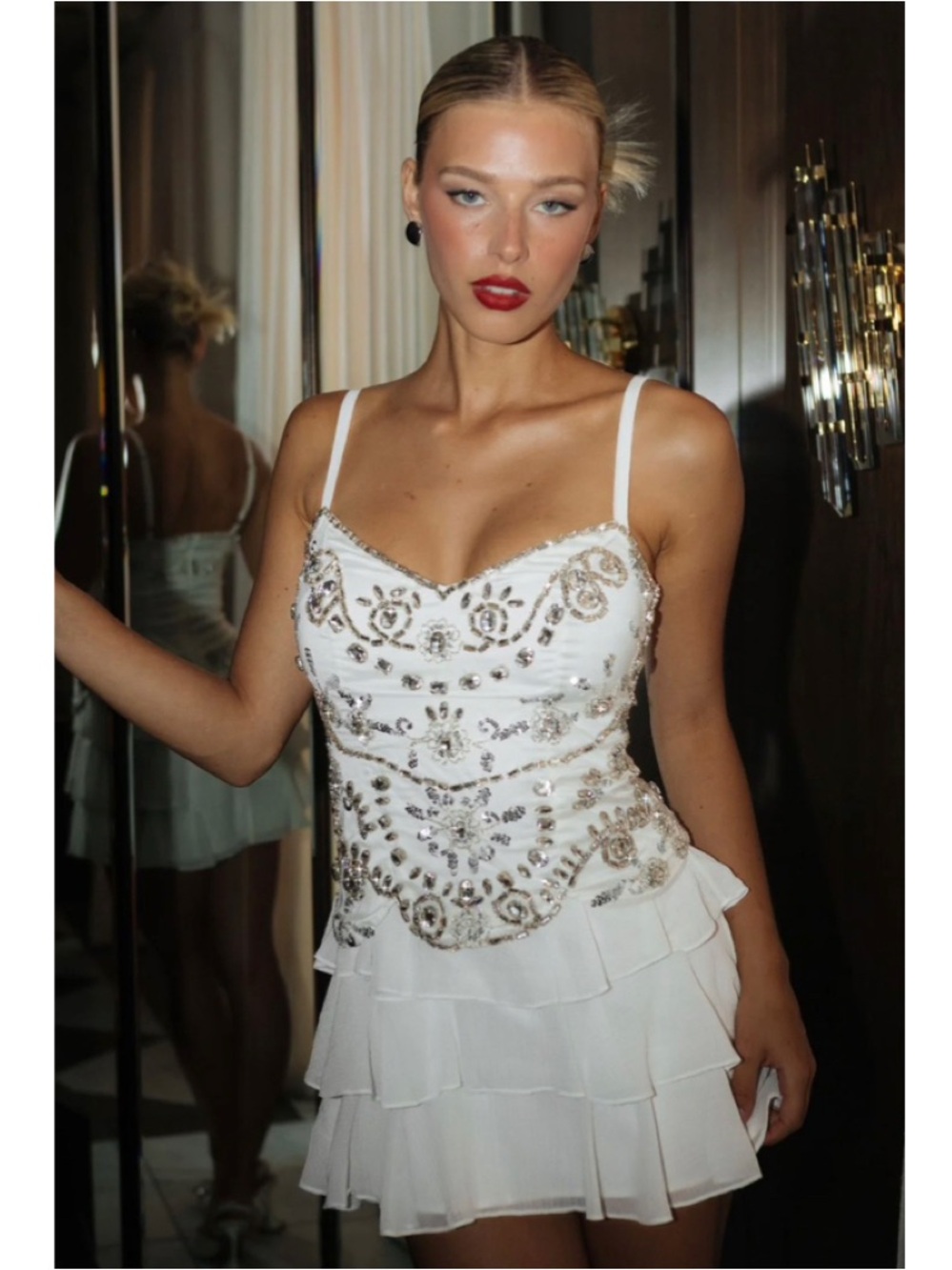 Show Me Your Mumu Kiara Rhinestone Embellished Ruffle White Mini Dress size XL
